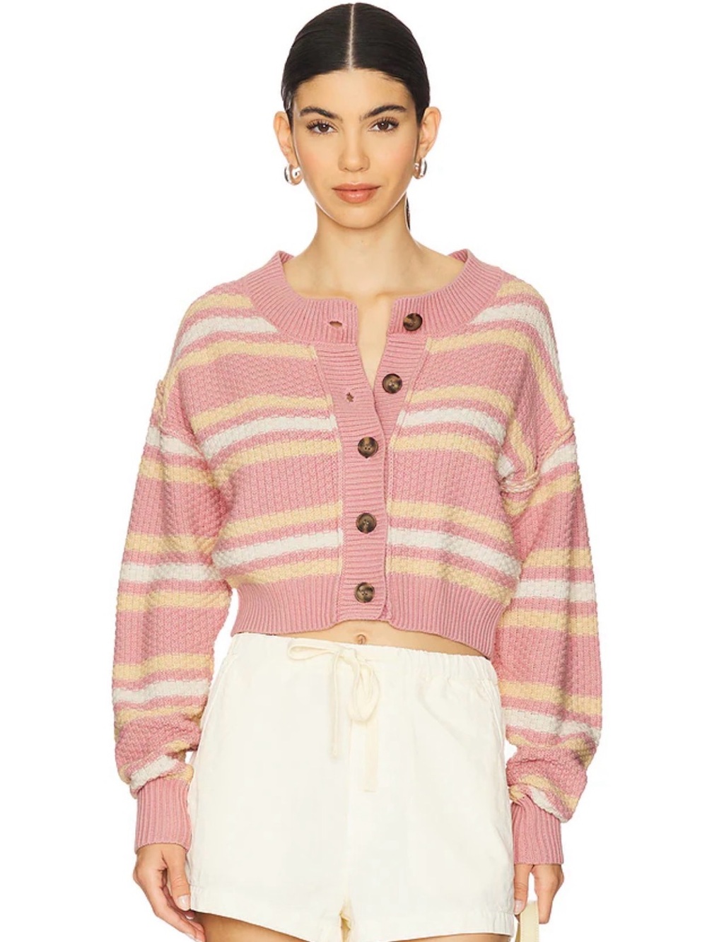 Free People Lila Striped Pink combo Cardi Button-Front Sweater, sz L, nwt